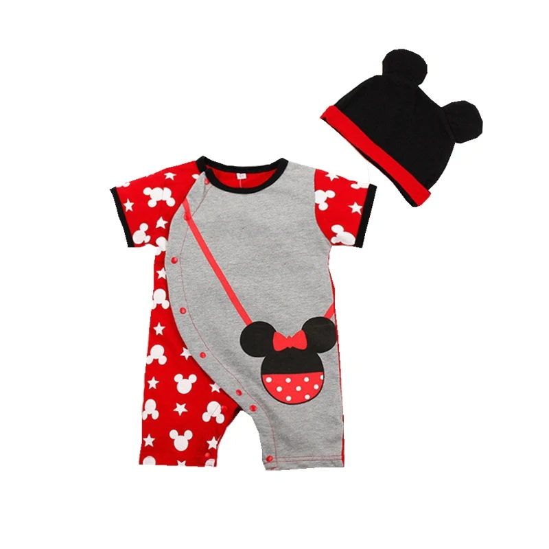Unisex Baby Girls Cartoon Rompers Climbing Suits Short Sleeve Front Button Open Jumpsuit with Hat 2 Piece Set Shortalls