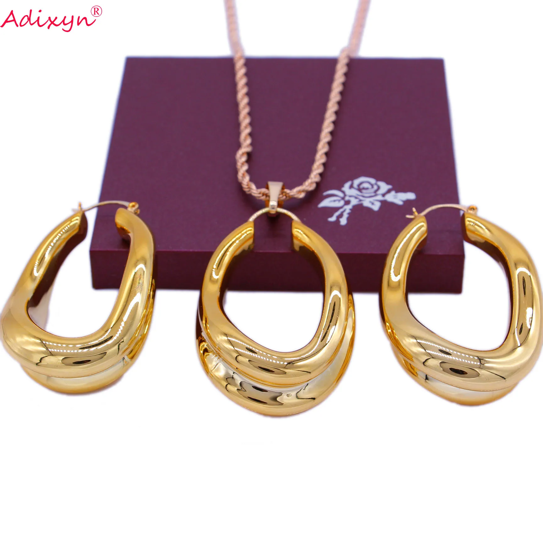 Adixyn Irregular Rose Gold Color Jewelry Sets Hollow Round Necklace&ampEarring&ampPendant For Women/Girls Birthday Party Gift N03198 |
