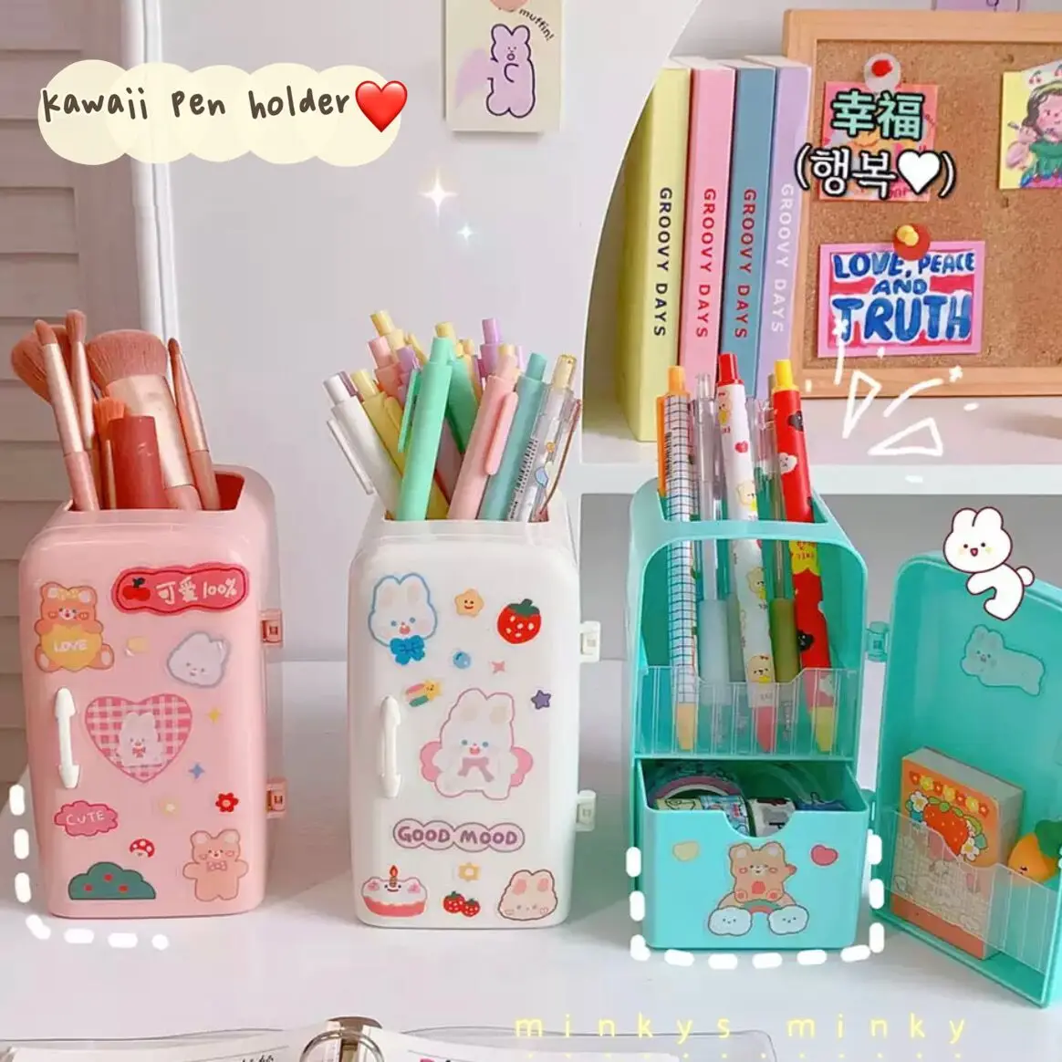 MINKYS Kawaii Refrigerator Pen Holder With 1PC DIY Sticker Desktop Makeups Pencil Pens Storage Box Creative School Stationery | Канцтовары