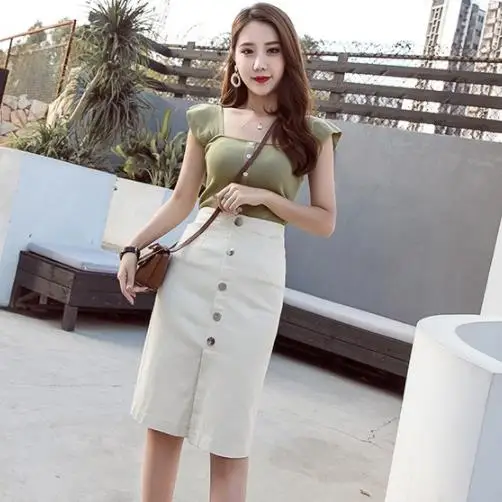 Однобортная женская джинсовая юбка с высокой талией уличная одежда стрейчевая