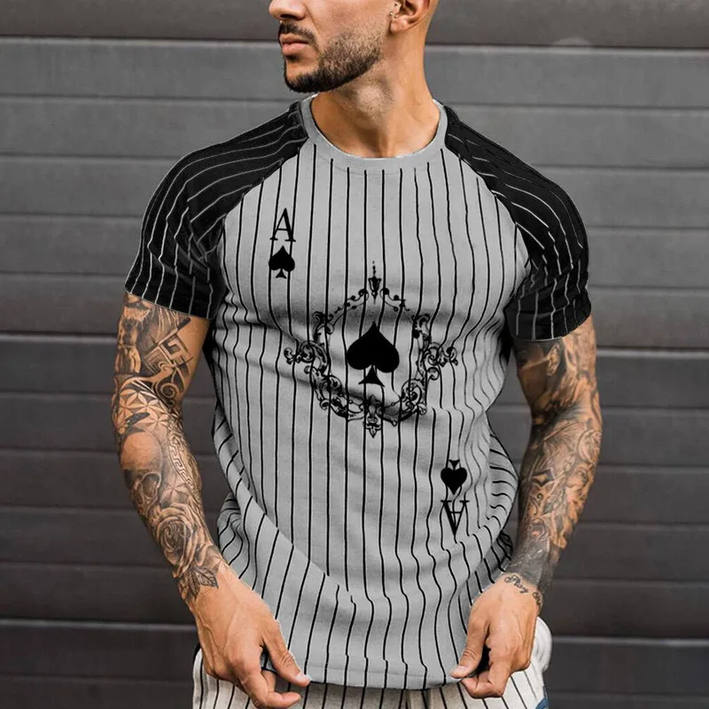 

2021 New T Shirt for Men Stripped Tshirt Men Clothing Streetwear Round Neck Shirt Fashion Poker Print Short Sleeve T-shirts Tops