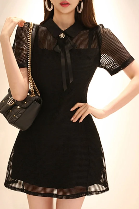 

COIGARSAM Office Lady Women dress Mesh Dresses White Black 887