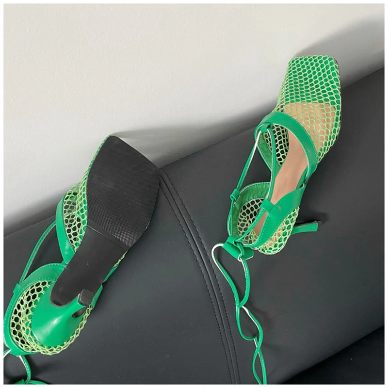 2021 Ladies Sexy Mesh Sandals Shoes Summer Thin High Heels Pumps Women Square Toe Ankle Strap Gladiator Romen Outdoor#SJPAE-210