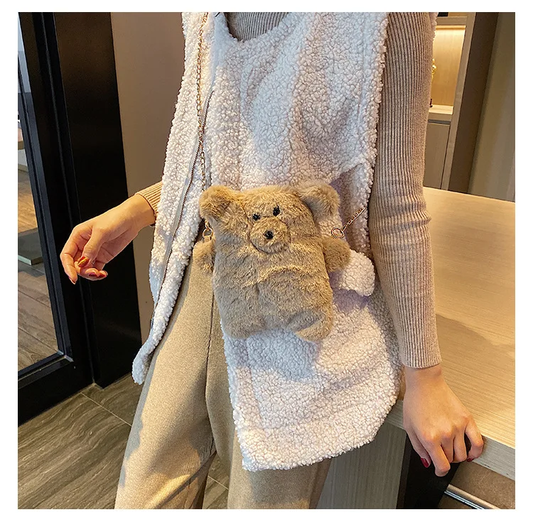 

2021 Cute Bear Cartoon Plush Shoulder Bag For Women Small Mini Crossbody Bag Girl Cell Phone Wallet