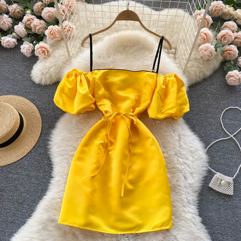 

C808 Women New Fashion Sexy Slash Neck Seaside Holiday Short Sleeve Lace Waist Short A-line Dress Casual Vestidos