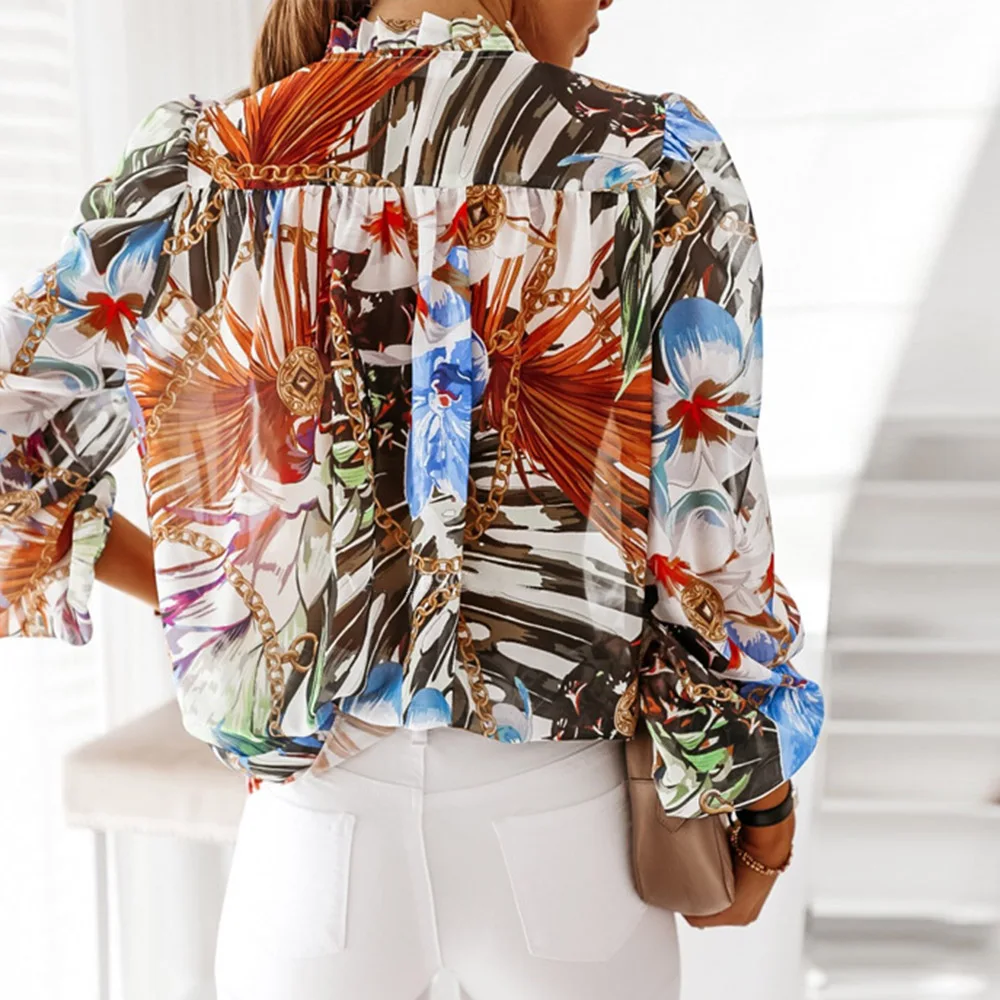 

Western Style Blouse Spring Autumn The New Fashion Loose Simple Thin Printing Lace Chiffon V-neck Lantern Sleeve Top