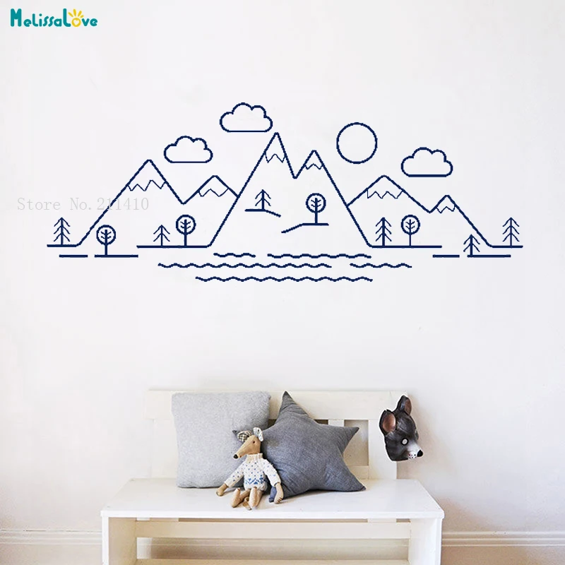 Mountain Scene Wall Decals Art Mountains Trees Vinyl Sticker Removable Home Decor Kids Baby Room Nursery Clouds Murals YT2109 | Дом и сад