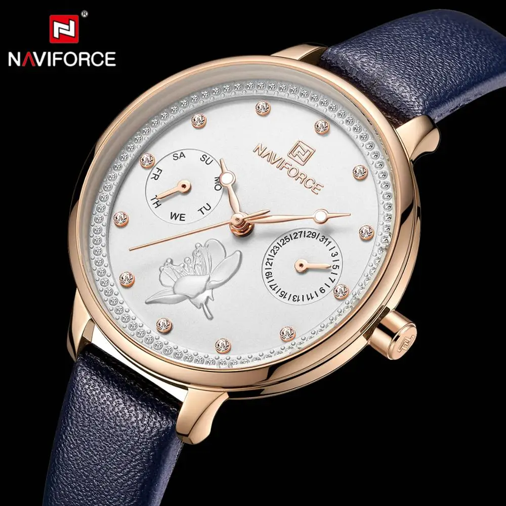 NAVIFORCE элегантные женские кварцевые часы с кристаллами циферблат синим кожаным