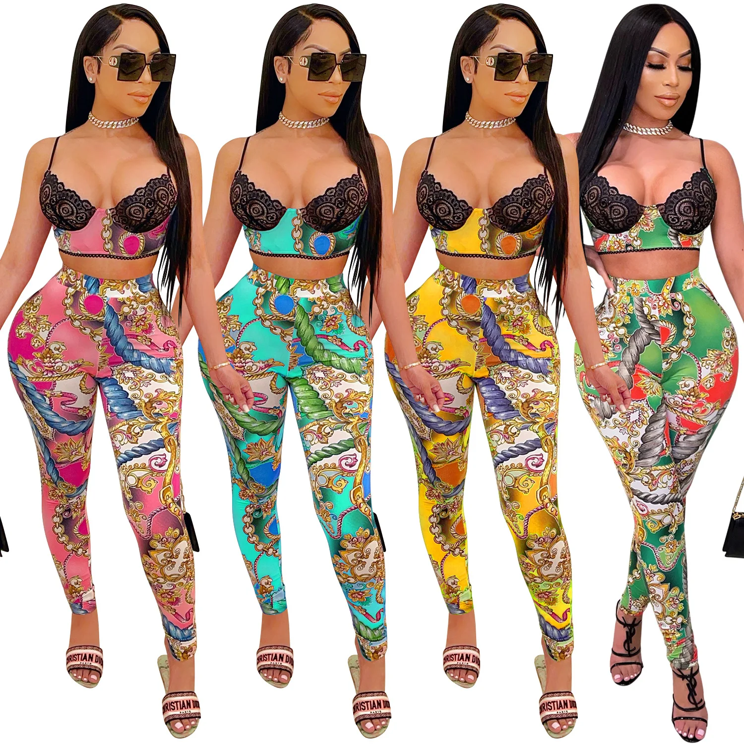 

Women Sexy Vintage Chain Print 2 Two Piece Set Outfits Lace Patchwork Crop Tops Legging Pants Matching Sets
