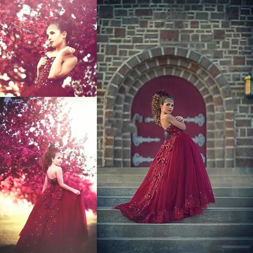 Винтажное платье для девочек кружевное бальное бордового цвета на тонких