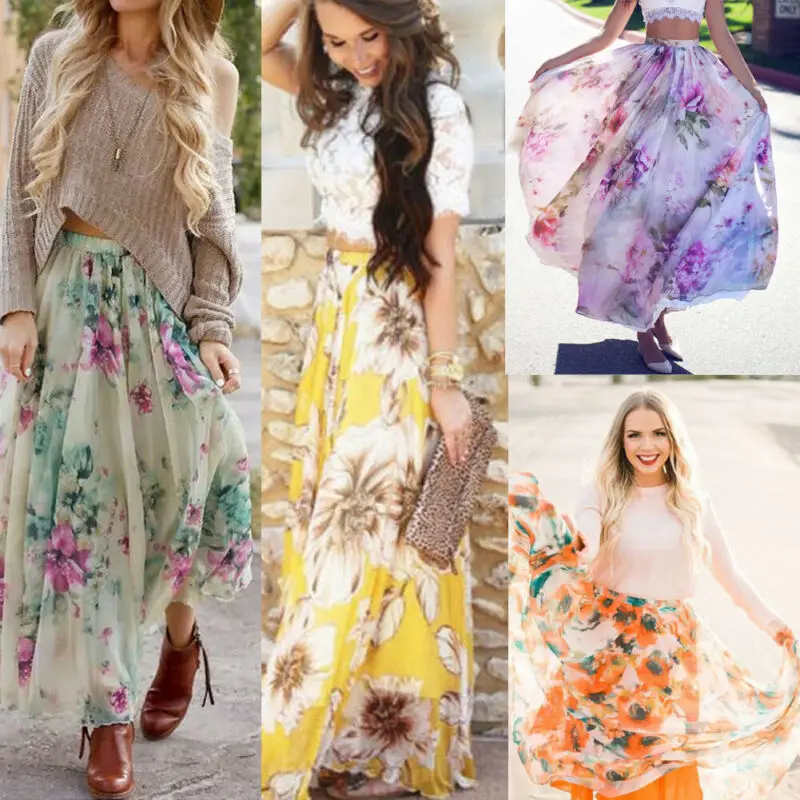 Женское длинное плиссированное платье-макси с высокой талией и цветочным