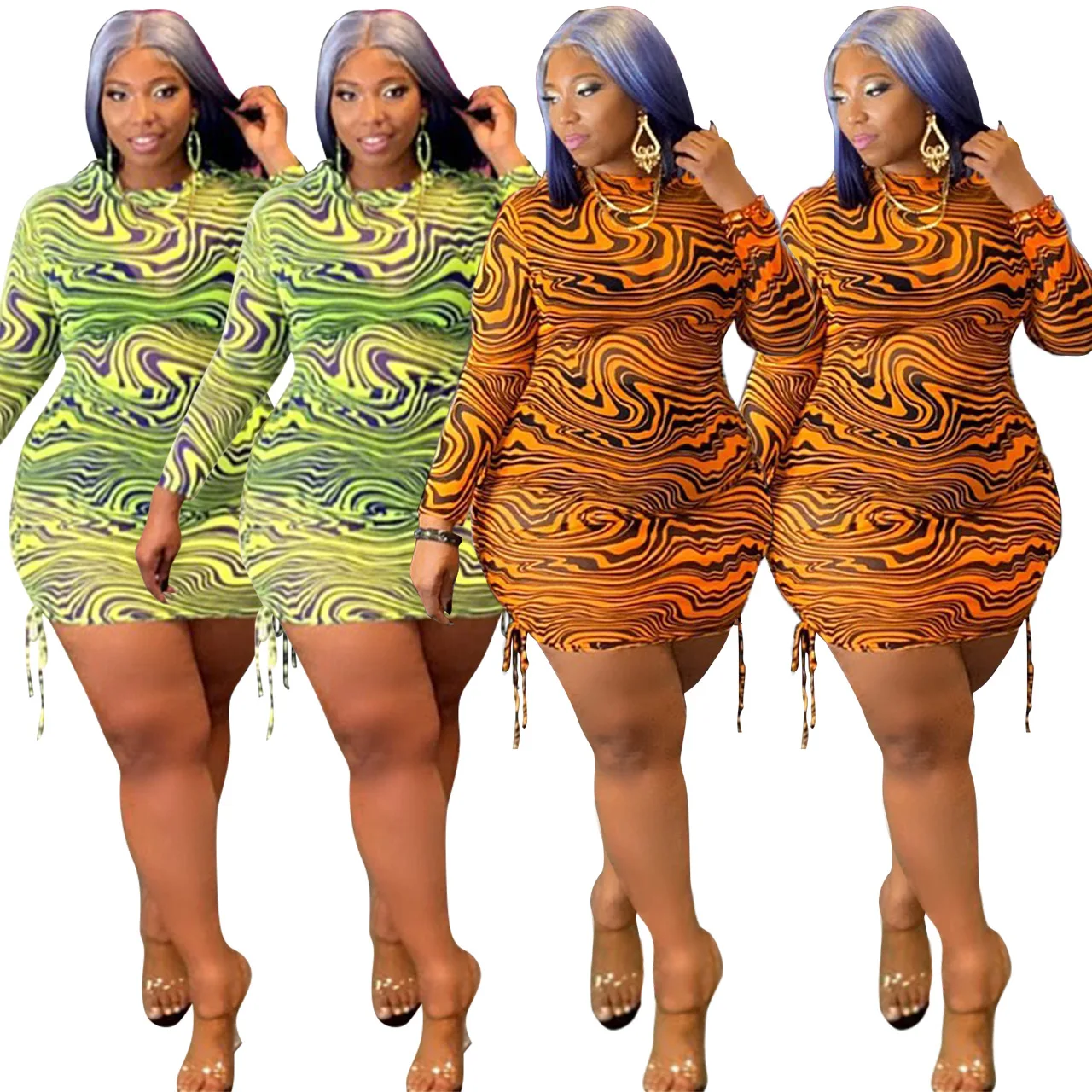 

Women Plus Size Dress Autumn Sexy Mesh Print Shirring Mini Dresses