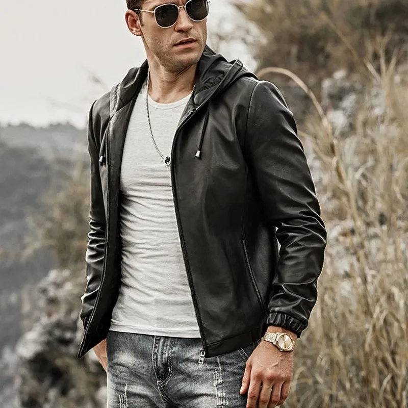 

Plus Size 5XL Genuine Leather Jacket Men Hooded Casual Sheepskin Short Coat High Quality Slim Zipper Motorcycle Jacket Black
