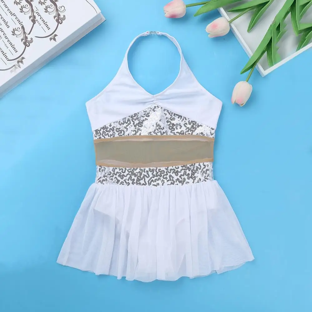 Halter Sequins Stretchy Mesh Ballet Gymnastics Leotard Girls Figure Skating Dress Kids Contemporary Lyrical Dance Costumes | Тематическая