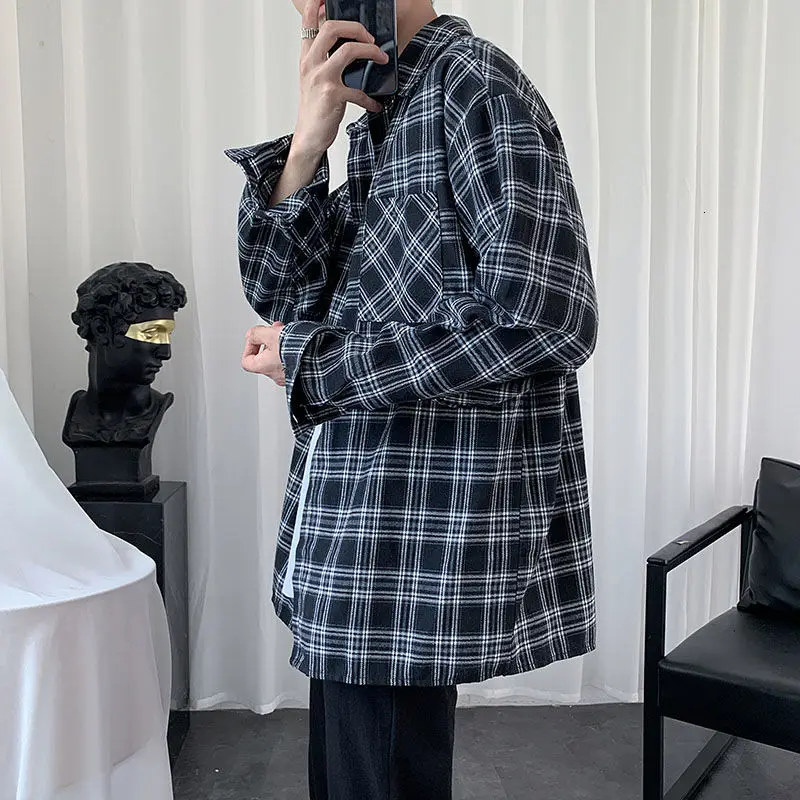 

Spring And Autumn Plaid Shirt Men's Fashion Retro Casual Shirt Men Streetwear Korean Loose Oversize Long-sleeved Shirts Mens