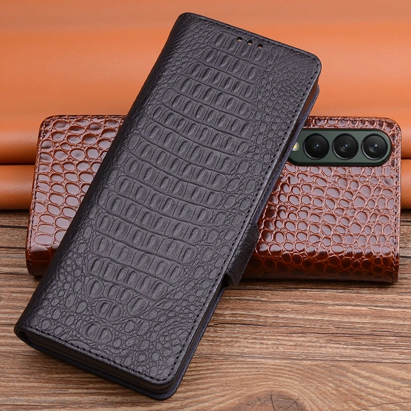 Genuine Leather Magnetic Flip Case for Samsung Galaxy Z Fold 4 3 2 Fold3 Crocodile Alligator Grids Grain Protective Phone Cover