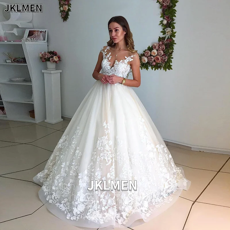 

Good Quality Lace Wedding Dress 2021 with Flowers Appliques Vestido De Noiva Sheer Neckline Robe De Mariee