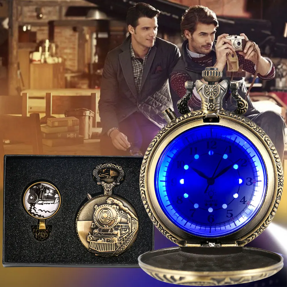 Pocket Watch Vintage LED Luminous Retro Quartz Pocket Watch Bronze Train FOB Watch Pedent Chain Luxury Clock Gift Set for Men
