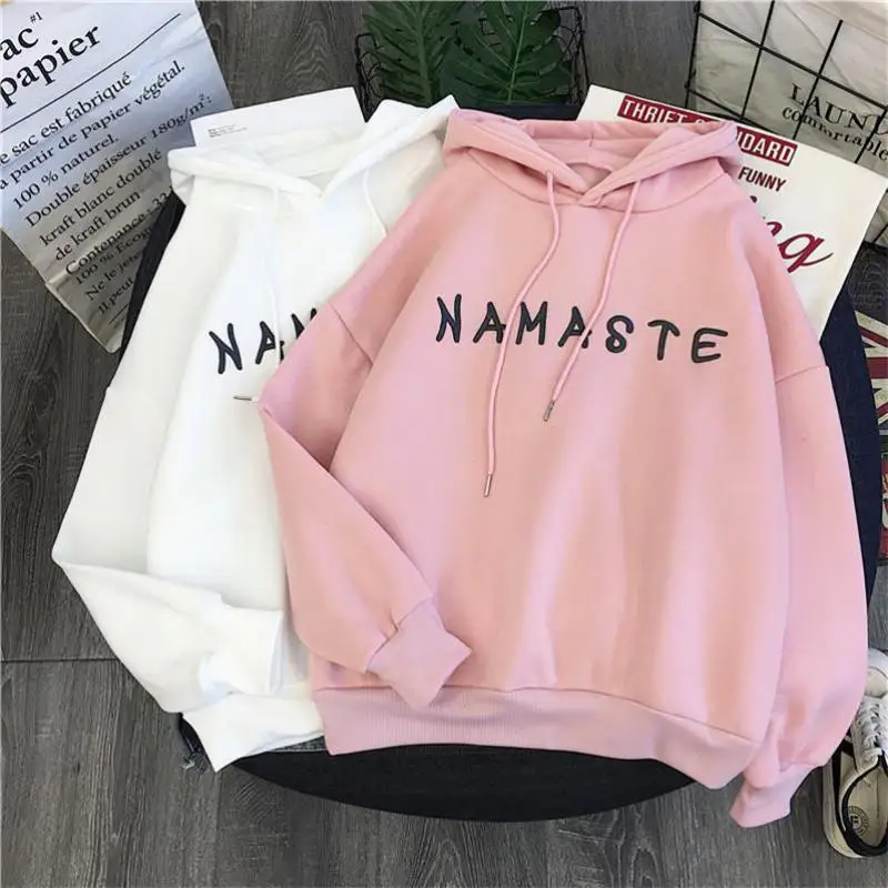 

Winter Women Hoody Sweatshirt Print Letter 'namaste' Harajuku Lady Pullover Loose Korean Student Wild Long Sleeve Female Tops