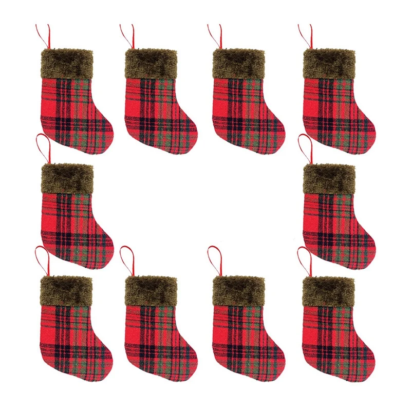 

10Pcs Christmas Stockings Fabric Santa Claus Sock Gift Kids Candy Bag Snowman Deer Decoration for Christmas Tree