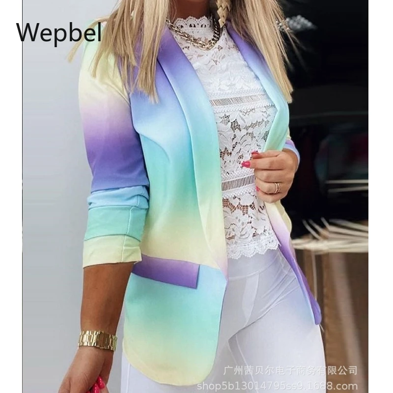 

Wepbel Slim Fit Blazer Jackets Loose Casual Blazere Women Gradient Contrast Printed Long Sleeve Cardigan Fashion Suit Outwear