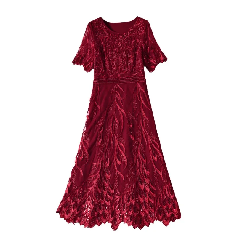 

4XL Vestidos De Fiesta 2020 Summer Women O-Neck Allover Luxurious Embroidery Short Sleeve Wine Red Green Dress 50s 60s