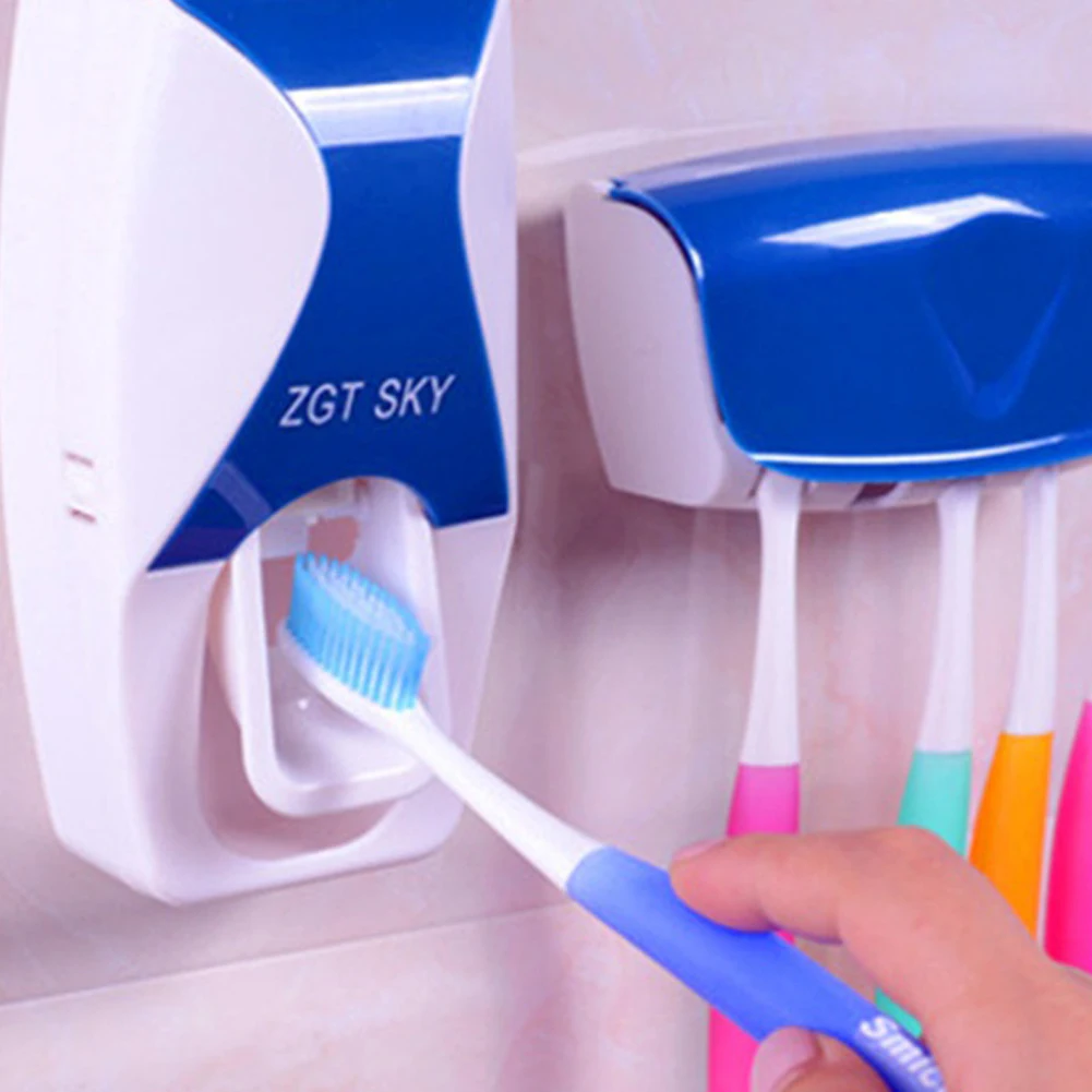 

High Quality 5 Colors Automatic Auto Toothpaste Dispenser +Toothbrush Holder Set Wall Mount Wine Home Bathroom Accessories