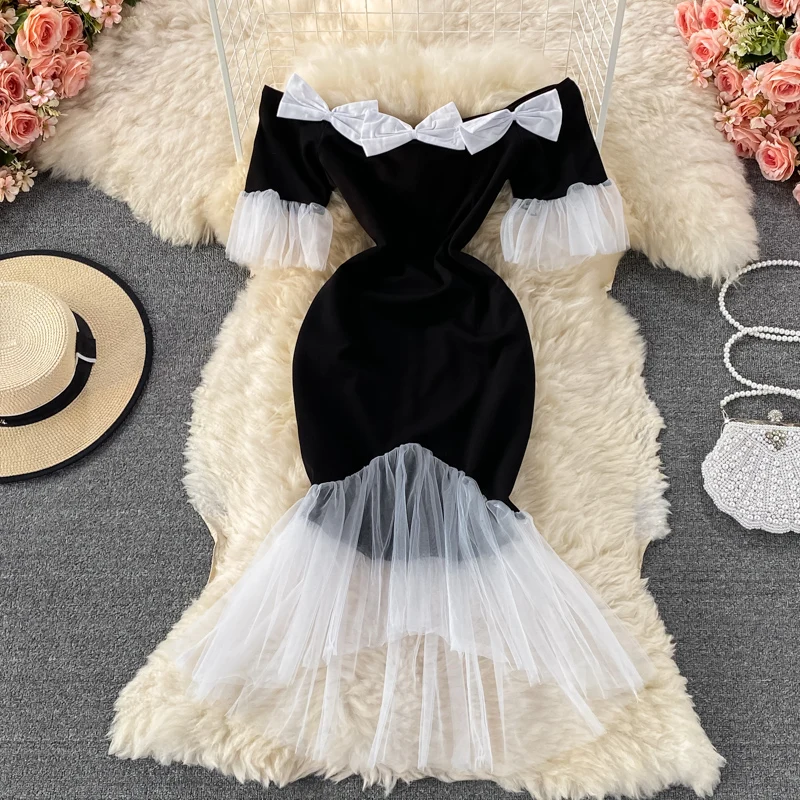 

Женское летнее платье на одно плечо, приталенное платье из сетчатой ткани с бантом, платье-годе, юбка на бедрах, 2021