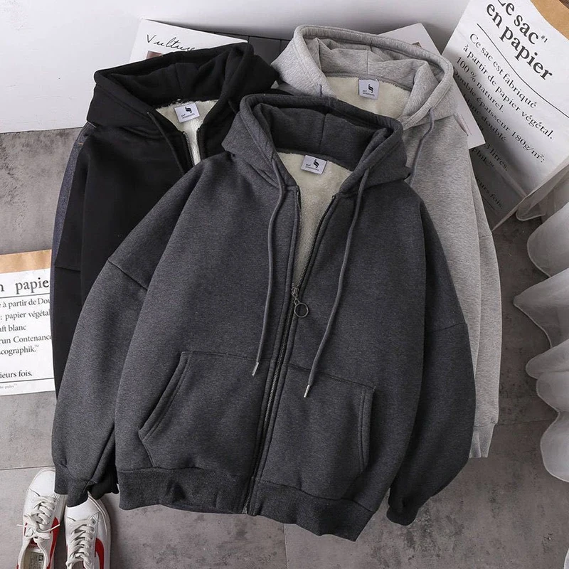Winter Casual Street Loose Oversized hoodie Solid Harajuku Imitation lambswool Soft Warm Zipper Y2K Women sweetshirts grunge Top