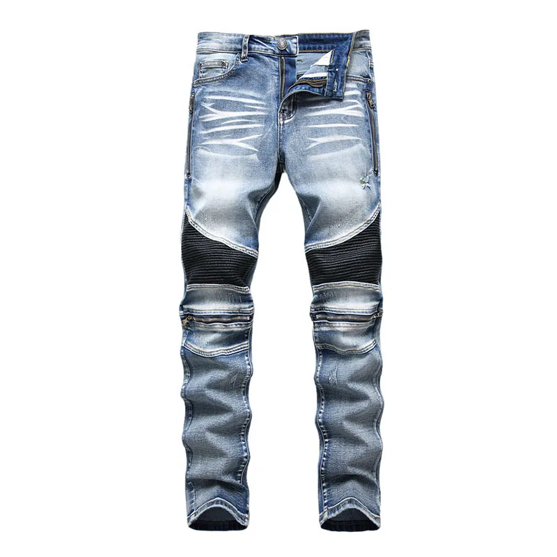 

Men High Street Pleated Biker Jeans Pants Zipper Patchwork Motorcycle Denim Trousers For Male Straight