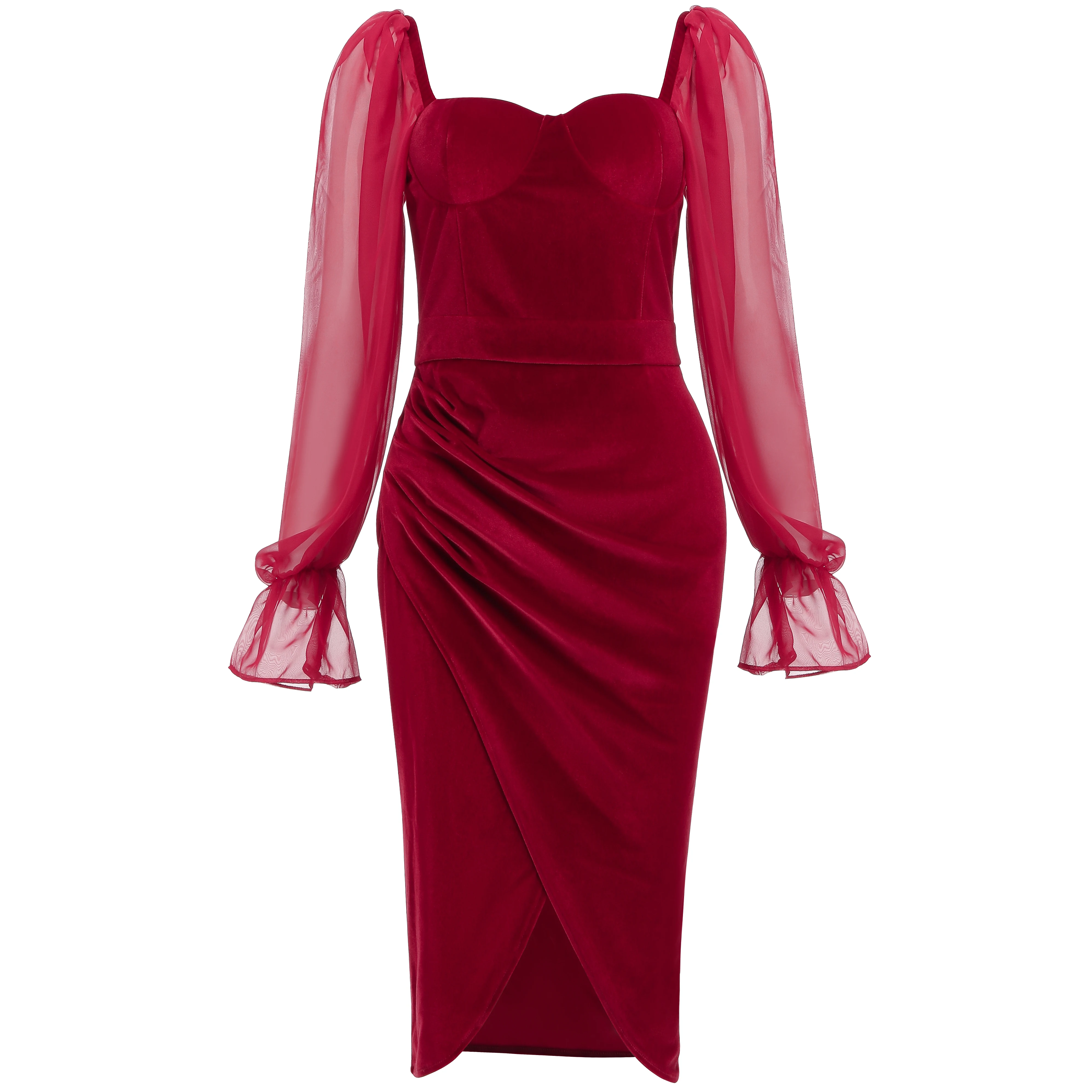 

VC Ladies Dress Celebrity Party Dress Party Decoration Wine Red Draped Design Tulle Long Sleeve Velvet Dress