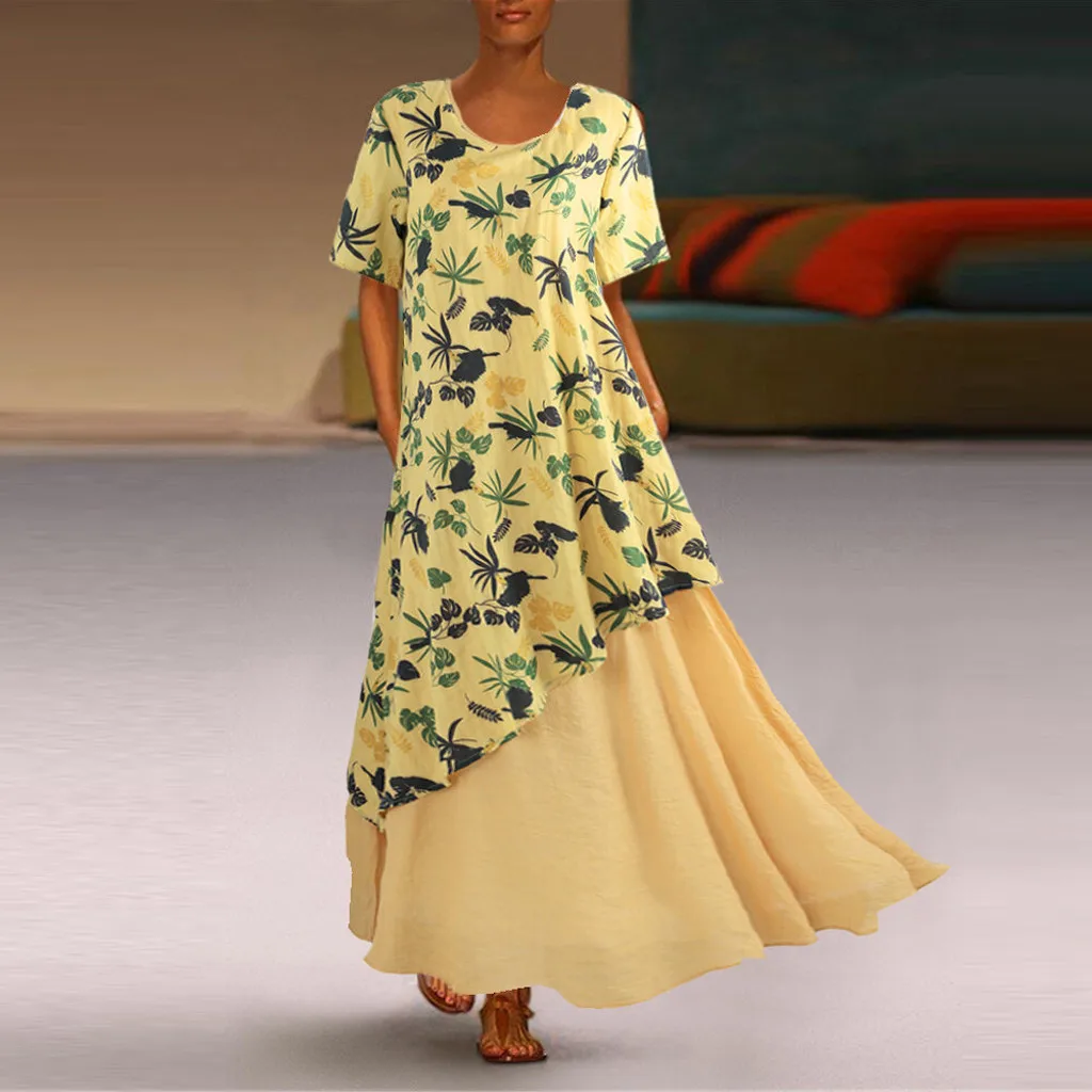 Женское летнее платье винтажное свободное макси с круглым вырезом и цветочным