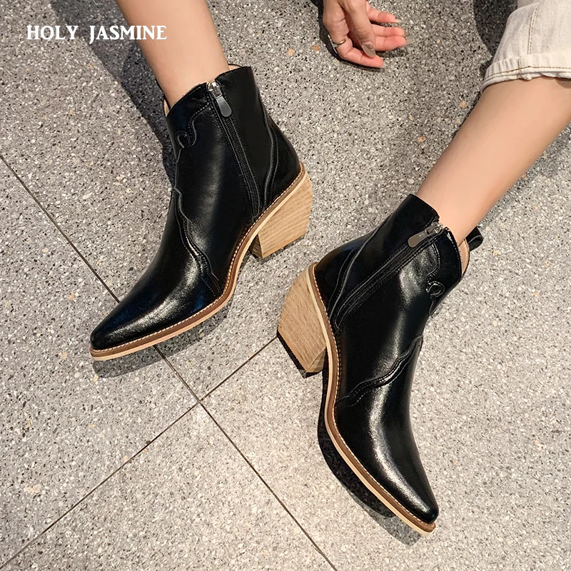 

Western Ankle Boots Cowboy Women Booties Fashion Pointed Toe Shoes Female Thick Heels Cuban Leather Shoes Ladies 2020 Autumn New