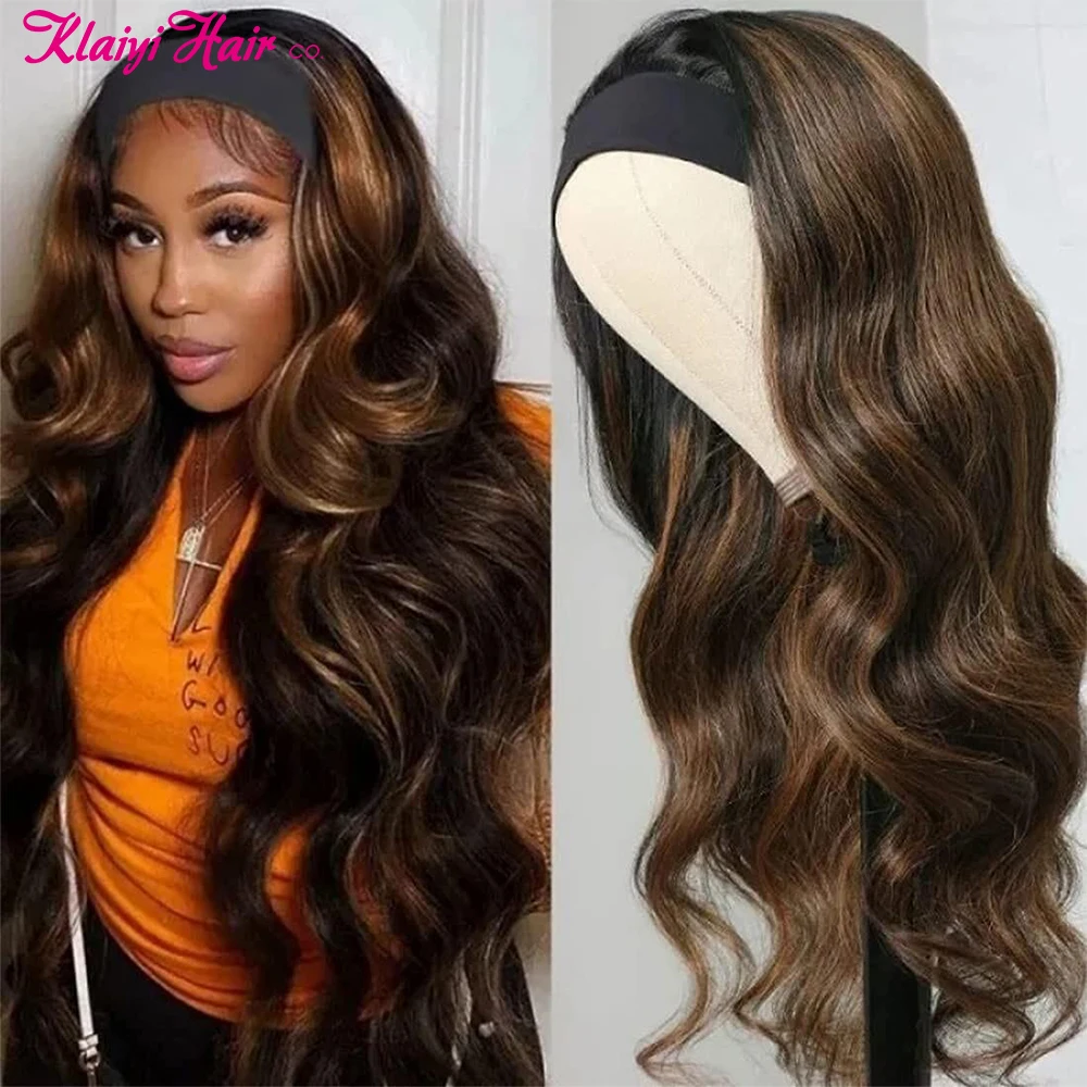 

Klaiyi Hair Dark Highlight Blonde Body Wave Human Hair Headband Wig Peruvian Ombre Brown Remy Hair Scarf Headband Wigs For Women