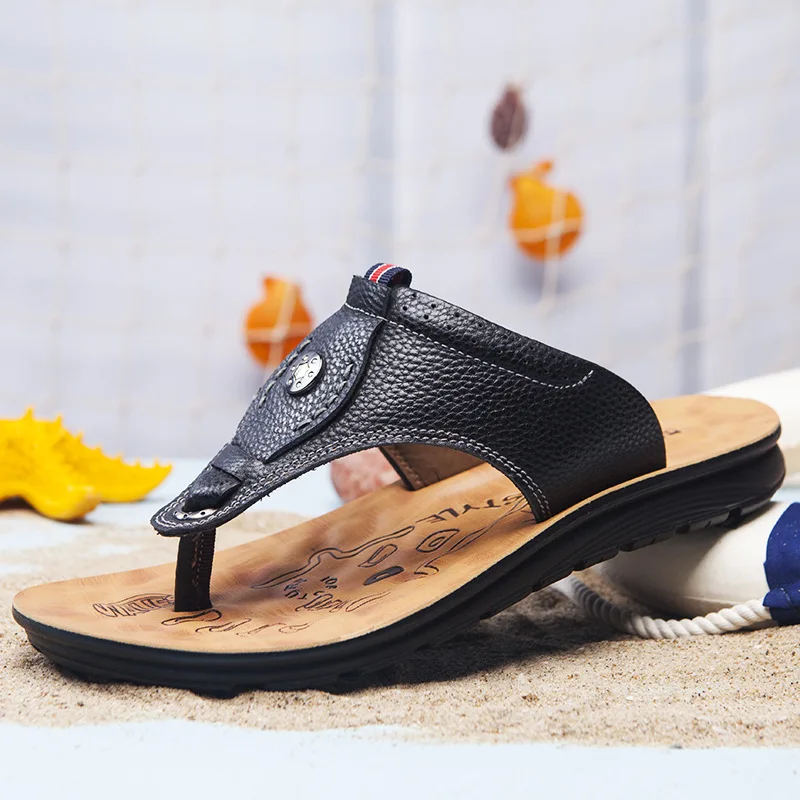 

Summer Men Flip Flops Genuine Leather Casual Slippers Outdoor Beach Shoes High Quality 2020 Male Massage Slippers Hot Sale