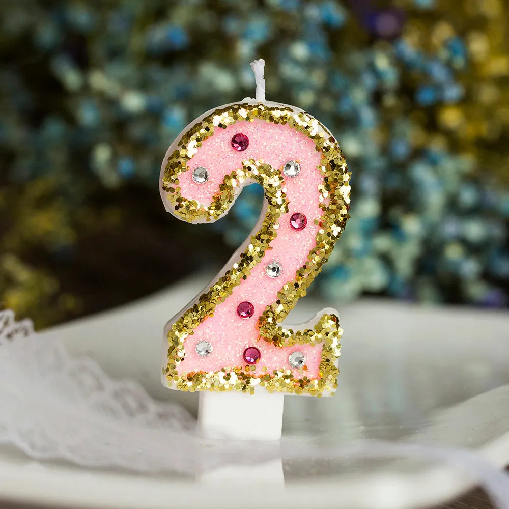 

Baby Birthday Pink Candle Shiny Rhinestone Girl Birthday Anniversary Wedding Number 0-9 Cake Candle Toppers Baking Decorations