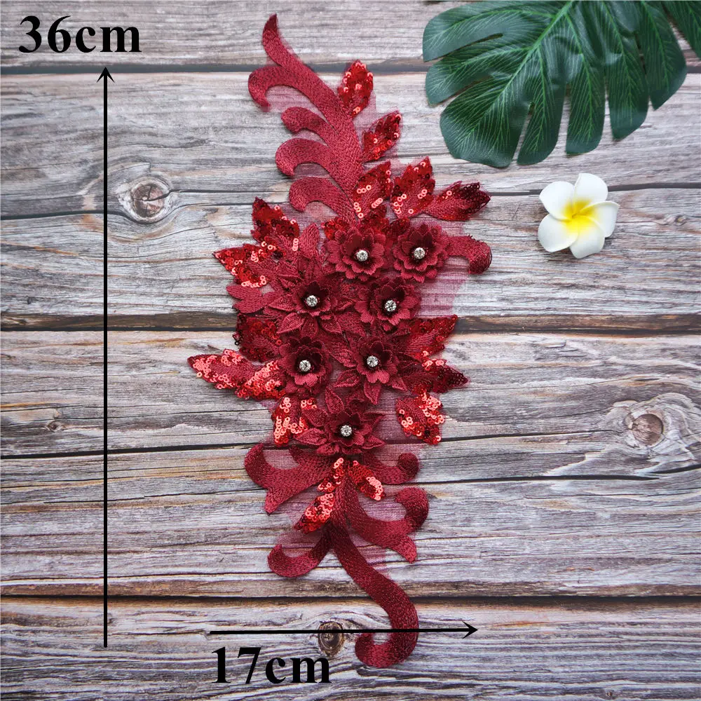 Бордовый кружевной ткани блесток 3D Цветы Стразы кисточка свадебное платье