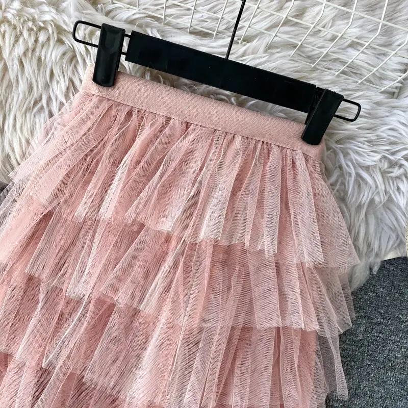 

Summer new elastic waist mesh skirt woman skirts mini skirt Korean retro layered cake skirts womens