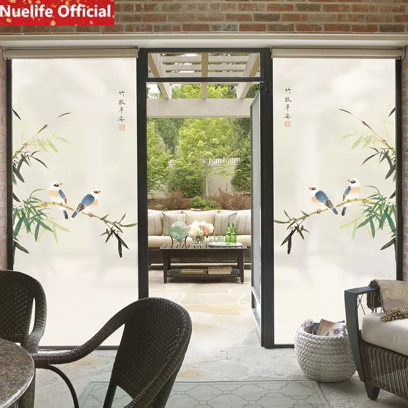 Зеленая бамбуковая пленка для окна с узором в виде листьев ванной комнаты