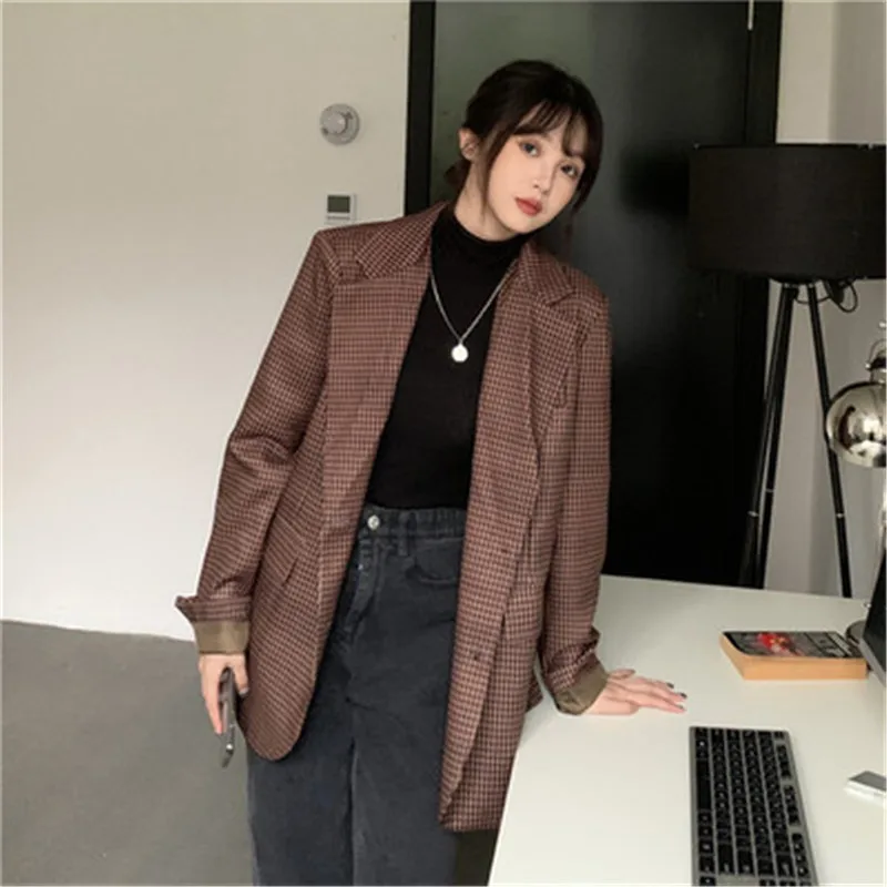 

Vintage Plaid Suit Jacket For Women Korean Casual Notched Long Sleeve Oversized Blazer Female All Matching Fashion Clothes Zjl07