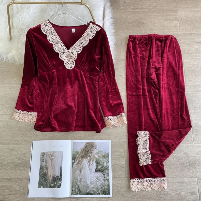 

Бархатный кружевной пижамный комплект Patchowrk, женская осенняя одежда для сна из 2 предметов, Сексуальная рубашка с V-образным вырезом и брюки, ...
