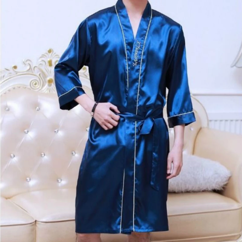 

Robes Men Letter Embroidery Summer Thin Three-quarter Sleeve Male Sleeprobes Comfortable Breathable Plus Size 3XL Loose Leisure