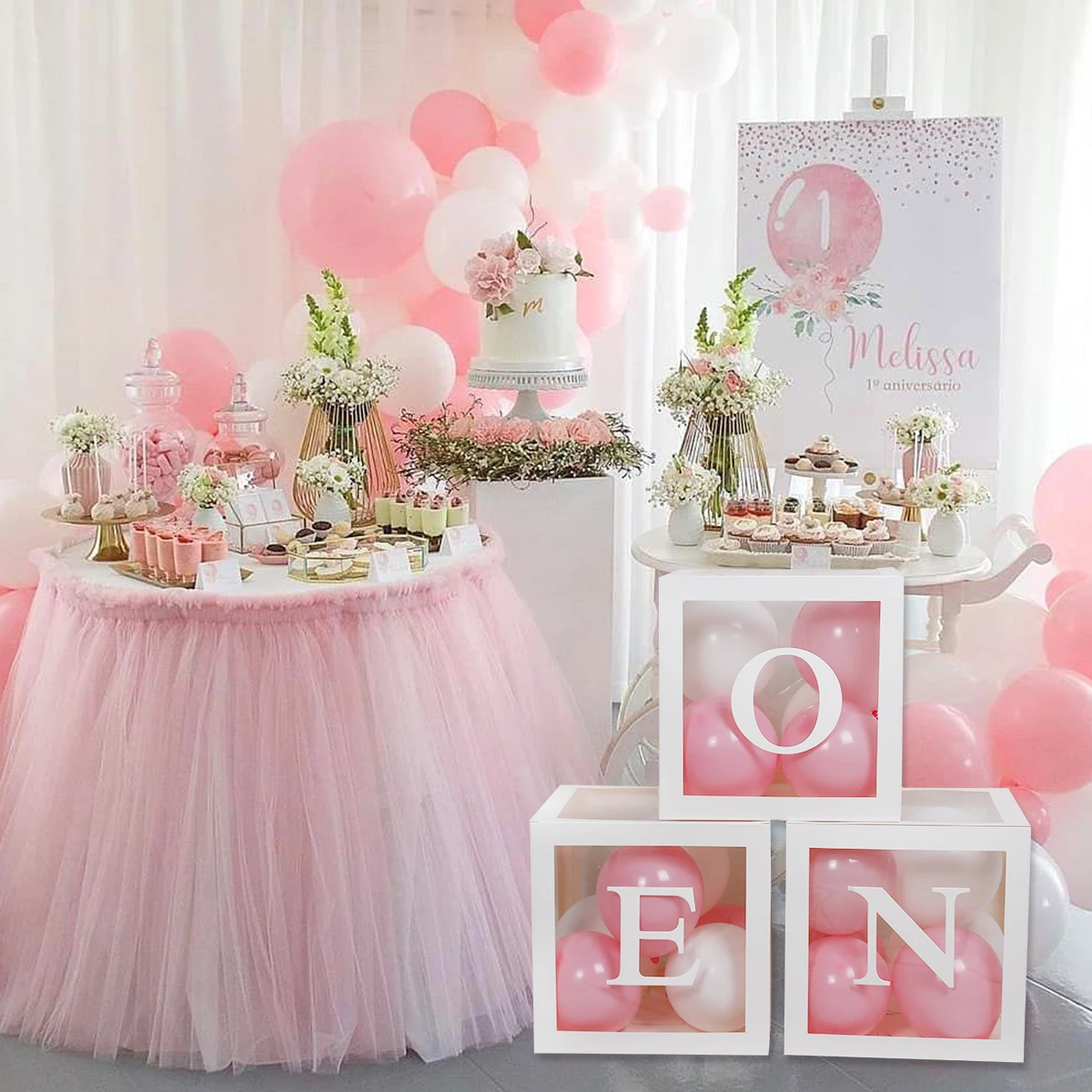 First Birthday Balloon Boxes For Party Decorations 1st Birthday Balloon Blocks Decor with ONE Letter Boy Girl Baby Shower Decor images - 6