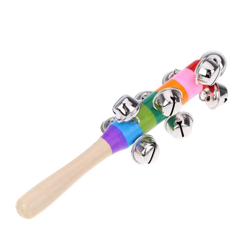 

Hand Held Bell Stick Wooden with 10 Metal Jingles Ball Colorful Rainbow Percussion Musical Toy for KTV Party Kids Game