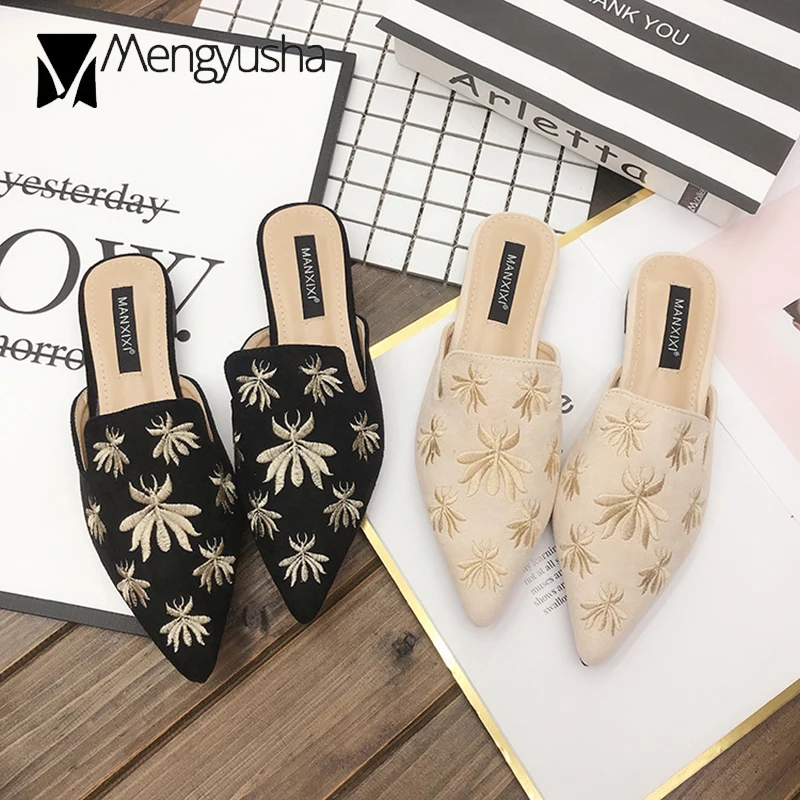 2019 г. Осенние закрытые тапочки шлепанцы с острым носком женские бархатные