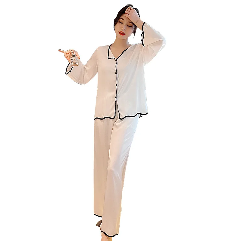 

Women Pajamas Suit Sleepwear Novelty Long Sleeve Homewear 2PCS Satin Intimate Lingerie Nightwear Patchwork Pyjamas Sleep Set