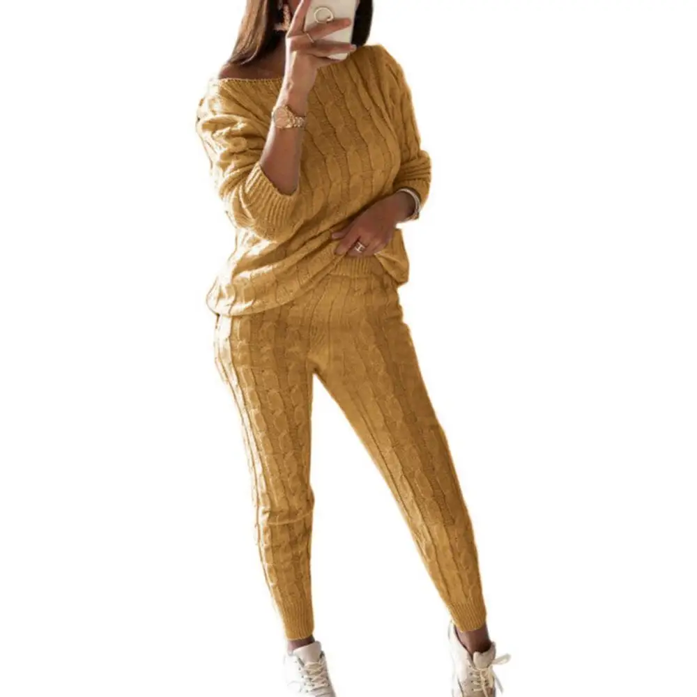 

2Pcs Winter Solid Color Off Shoulder Sweater Pants Women Knitted Pajamas Set