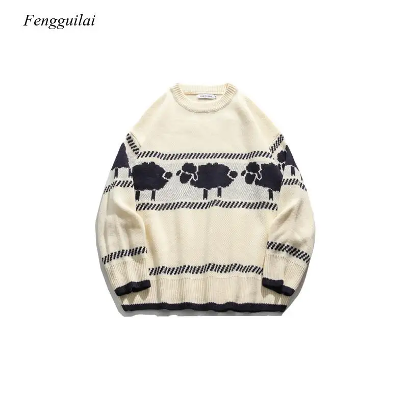 Loose Couple Cotton Sheep Print Round Neck Pullover Men's Bf Korean Fashion Sweater Autumn