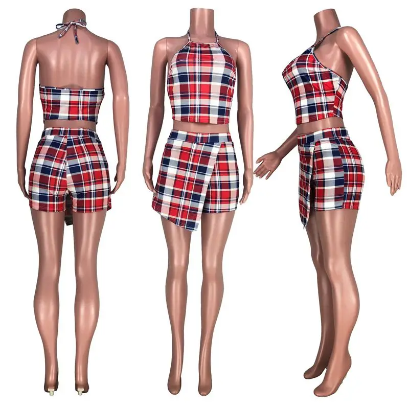 

ZOOEFFBB Plaid Print Two Piece Set for Womens Sleeveless Crop Top Summer Aesthetic Shorts Mini Skirts Lounge Wear Matching Sets