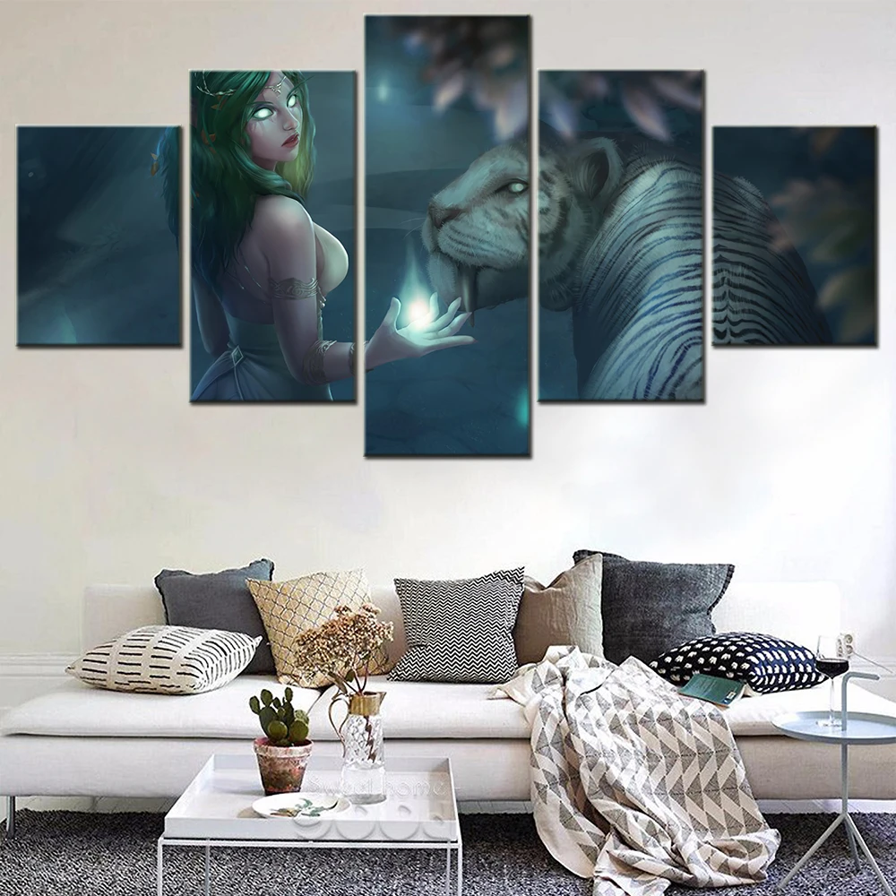 

Canvas Painting 5 Piece Anime Girl Night Elf Tiger Wall Art Picture Modern Poster Home Decoration Accessories Living Room Decor